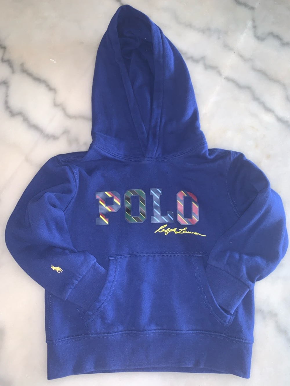 Ralph Lauren Royal Blue Kids Hooded Sweatshirt with Multicolor POLO Logo